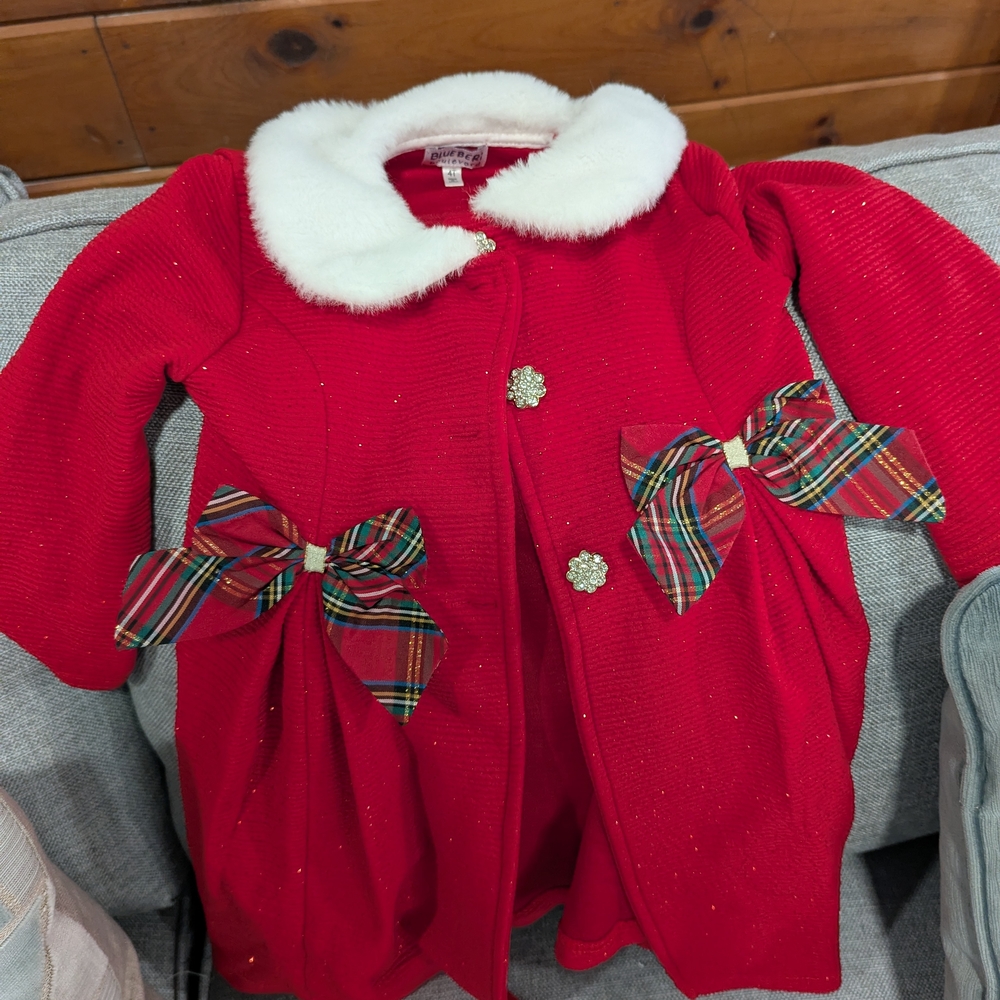 Red Coat with White Collar and Plaid Bows